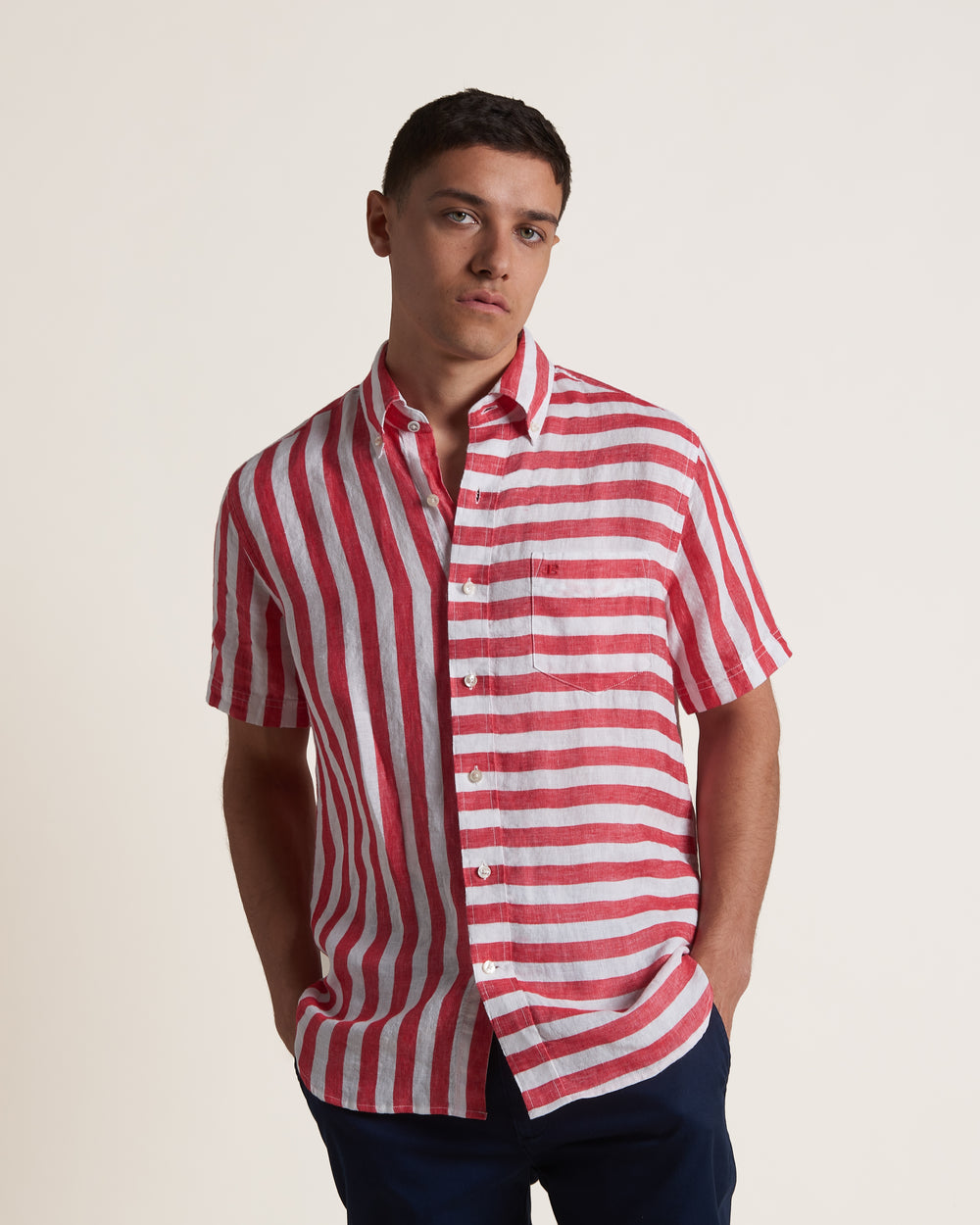 Camicie Ben Sherman B by Ben Sherman Candy Stripe Linen Short Sleeve Rosa Rosse | 396178-UTP