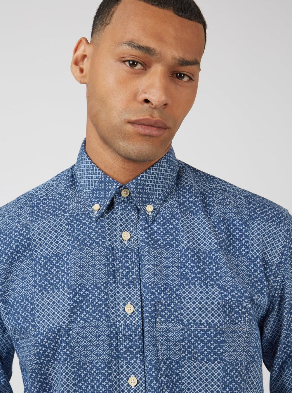 Camicie Ben Sherman Chambray Patchwork Geo Print Long-Sleeve Blu | 504681-WHV