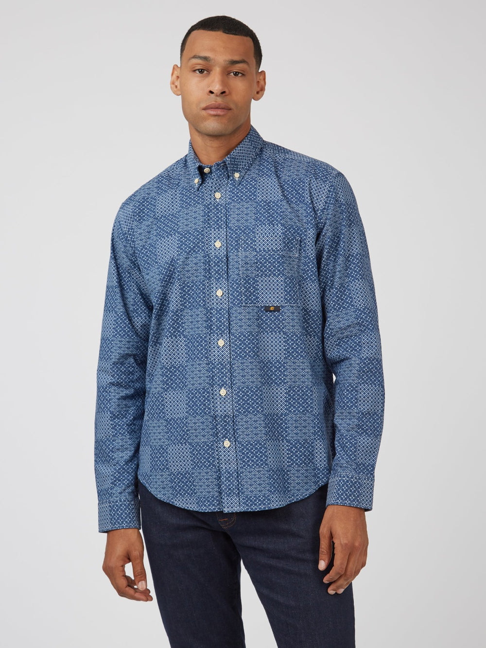 Camicie Ben Sherman Chambray Patchwork Geo Print Long-Sleeve Blu | 504681-WHV