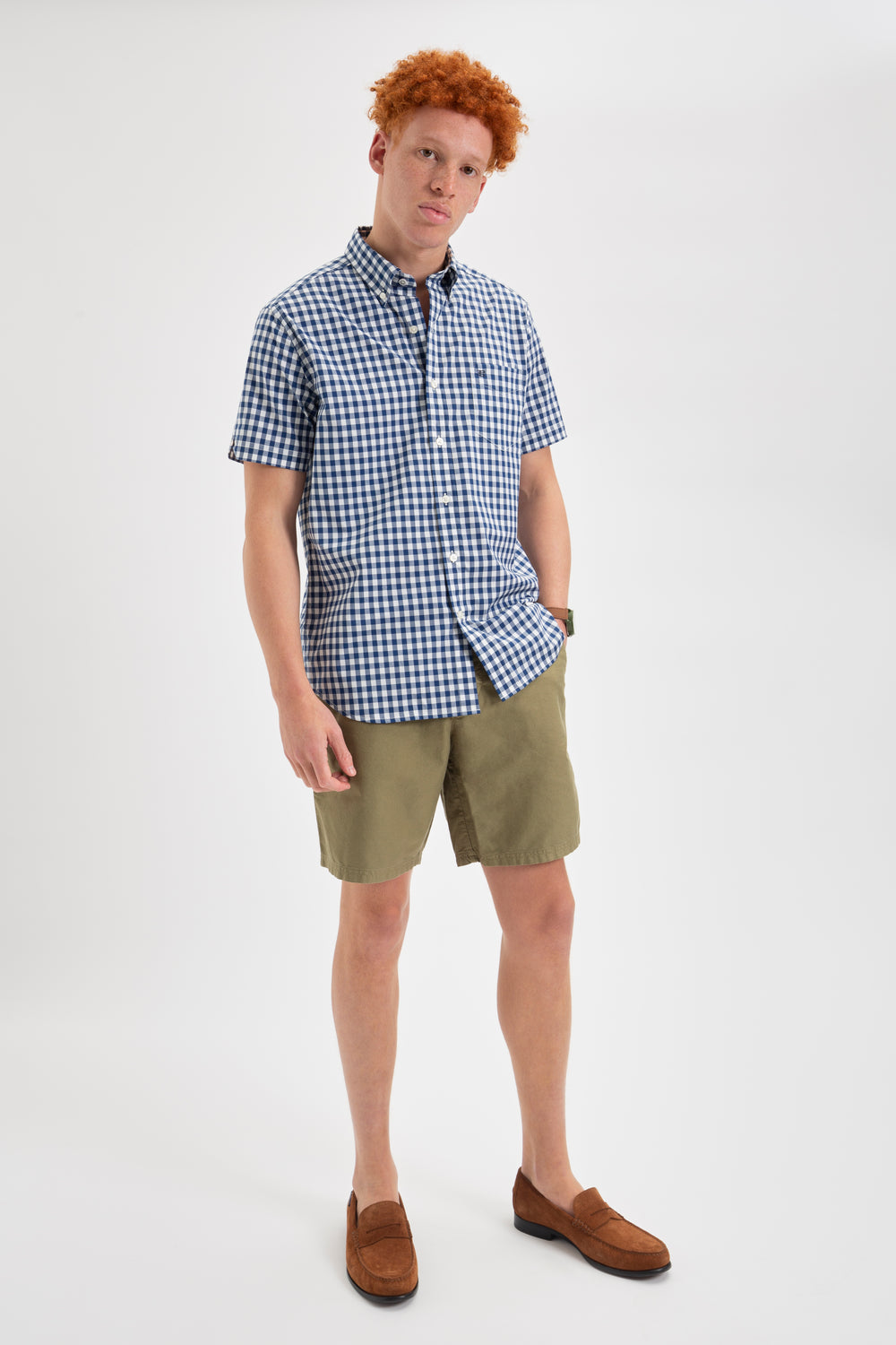 Camicie Ben Sherman Short Sleeve House Poplin Gingham Blu Marino Verde Oliva | 547260-LBS